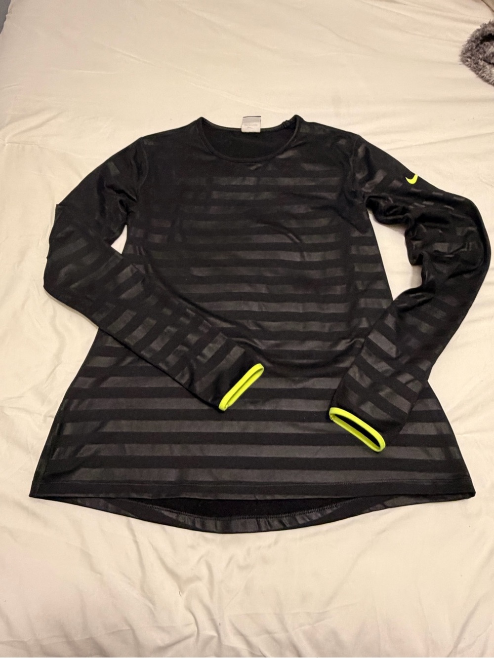 Nike Women's Black Striped Long-Sleeve Top with Neon Yellow Trim size L